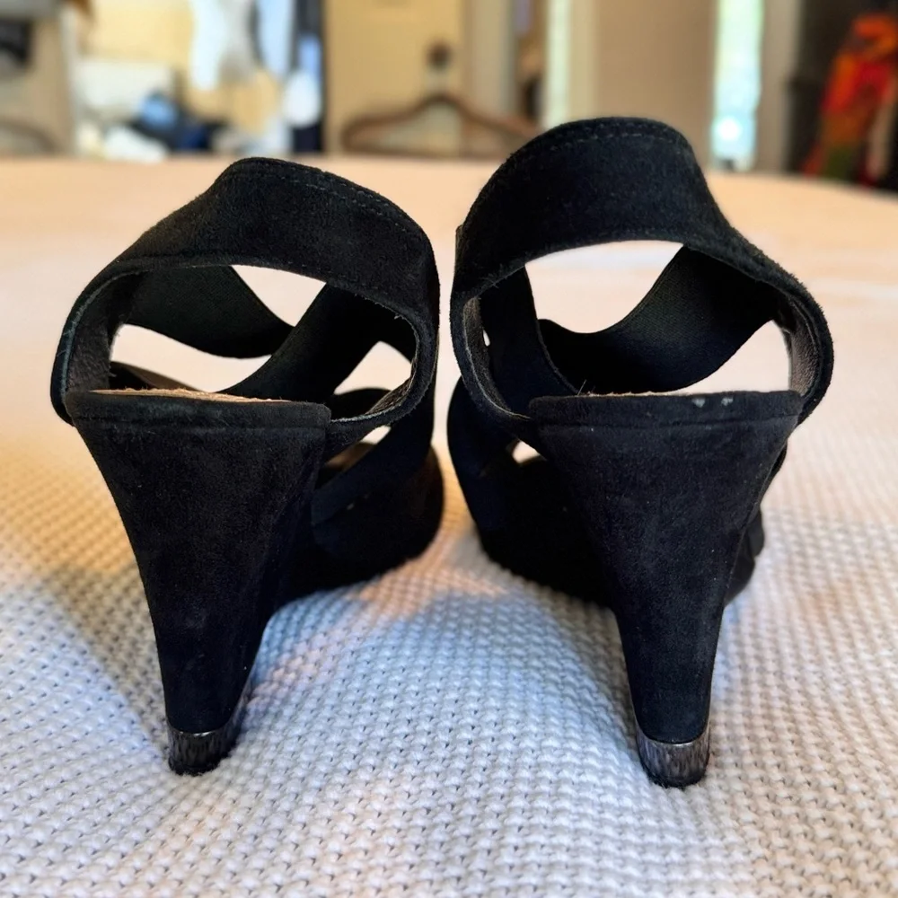 TORY BURCH Debbie Strappy Black Suede Leather Wedge Heels Sandals Women’s Shoes
